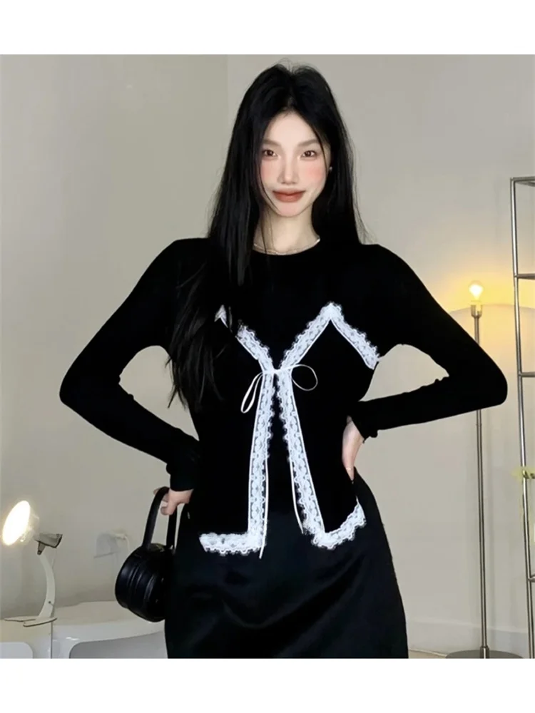 Original Lace Splice Women's Top Bla Long Sve Spring New Sle Beautiful Unique Loose Fit round Ne Single Piece Korean...