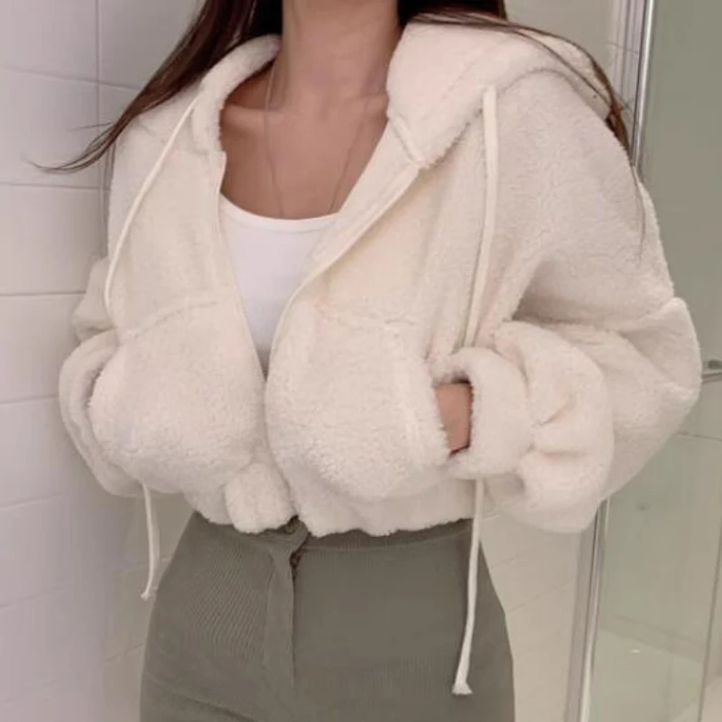 Cropped Hoodies Women Thicken Warm Coat Gentle Simple Hooded Korean Fashion Tender Zip-up Autumn Winter Clothing Kangaroo Pocket