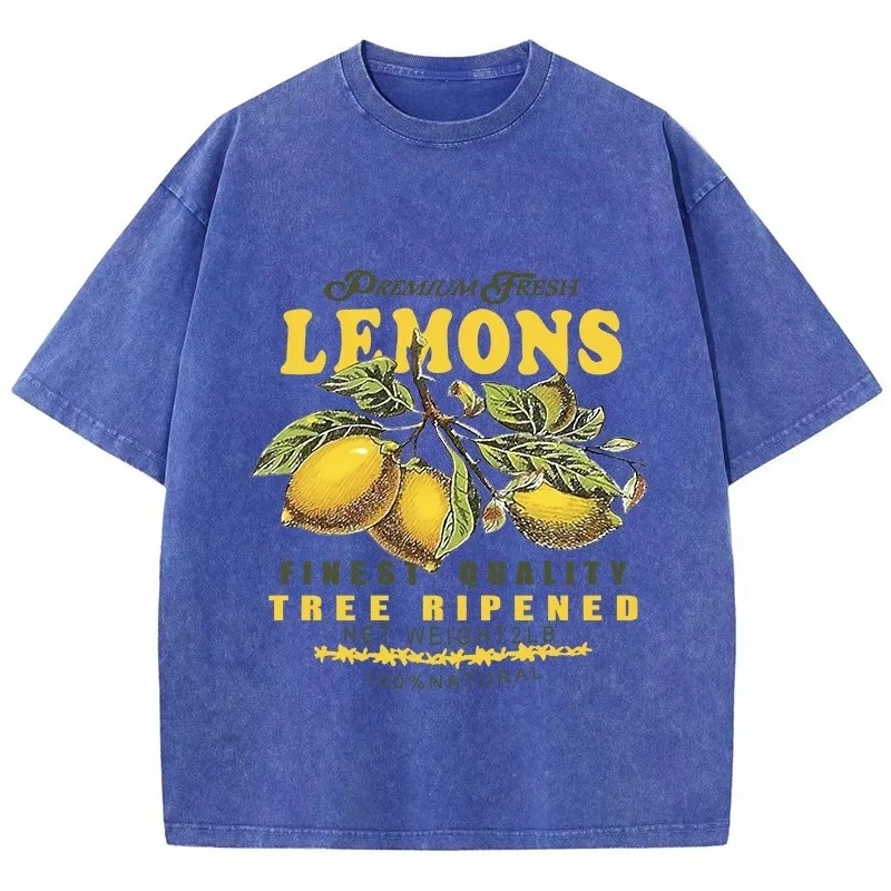 

Cotton Acid Wash T-Shirts Premium Fresh Lemons Printing Tees Distressed Oversize O-Neck Short Sleeve Casual Clothes