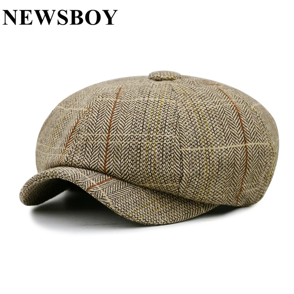 NEWSBOY Cap For Men Herringbone Khaki Women British Style Beret Spring Octagonal Vintage Adjustable Checkered Hats And Caps