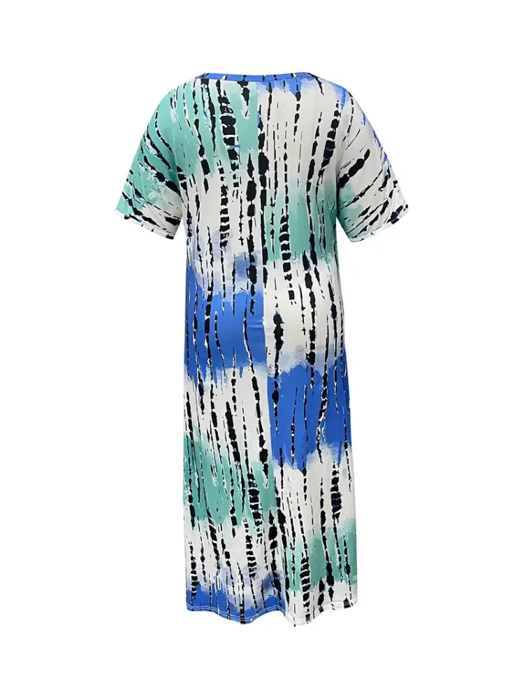 Plus Size Tie Dye V Neck Split Dress Vacation Style Sukienka z krótkim rękawem na wiosnę i lato Odzież damska Plus Size