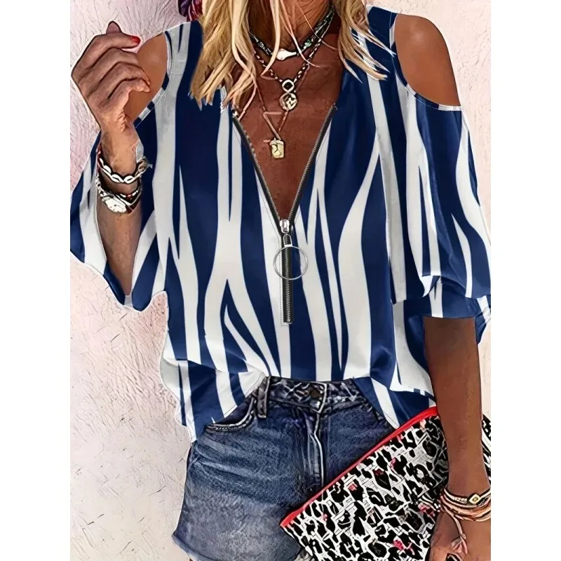 

Unique Off-Shoulder New Pattern Printed Base Spring Summer Round Neck Long Sleeve Blue StripeTShirt