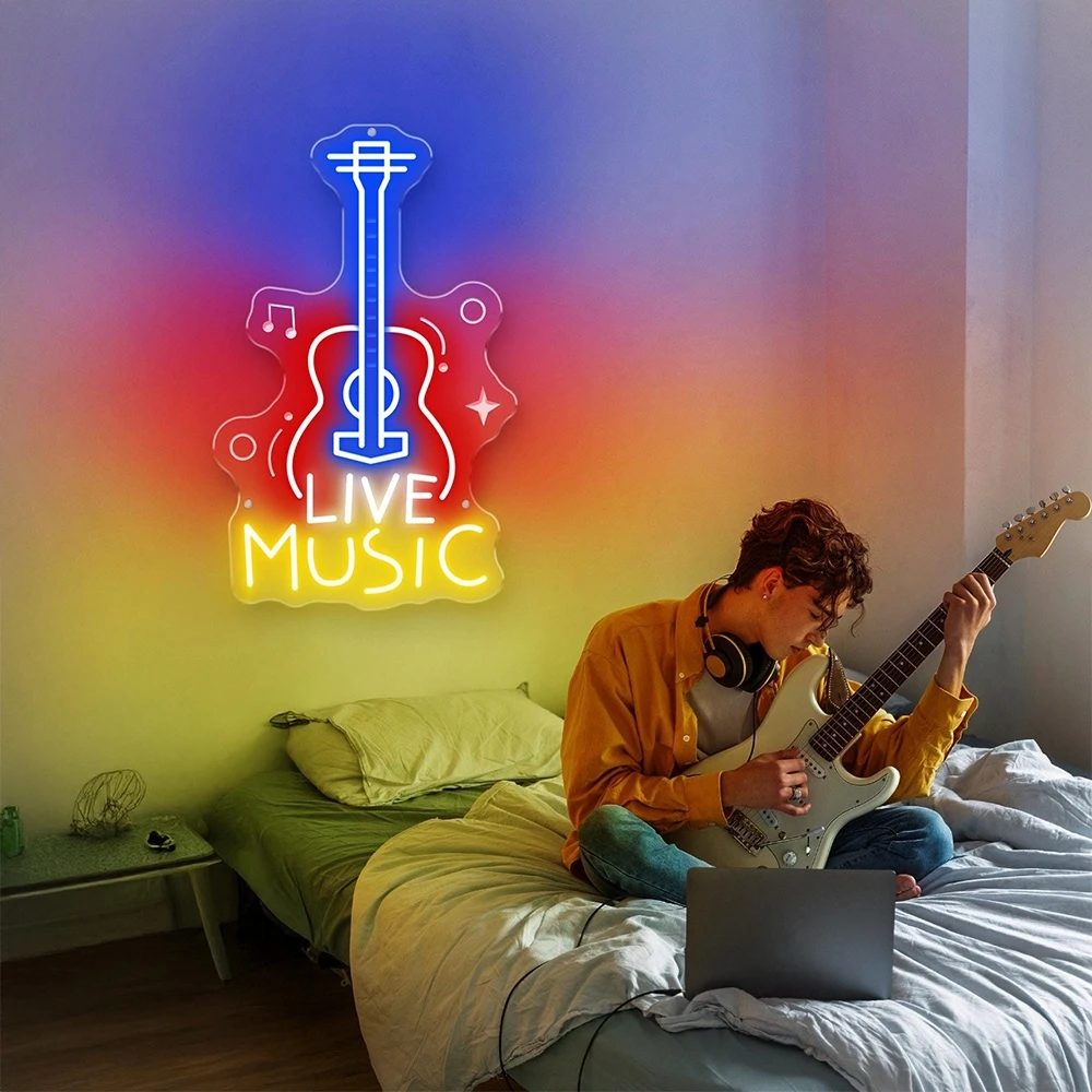 Live Music Guitar Neon Sign Music Room Decor Bar Neon Sign Custom Music Studio Decoration LED Neon Light Guitar Player Gifts