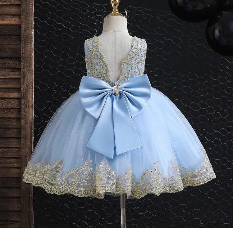 Girl's Dress 2024 New Girl's Embroidered Bow Princess Dress Fashion Open Back Mesh Dress Banquet Performance Evening Dress