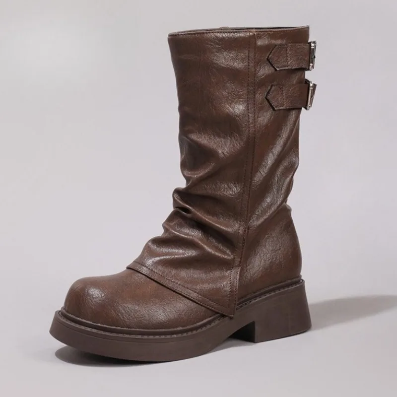 

Leather Fashion Chunky Heel Knight Boots Women Pleated Round Toe Winter Boots Female Belt Buckle Designer Mid Calf Short Boots