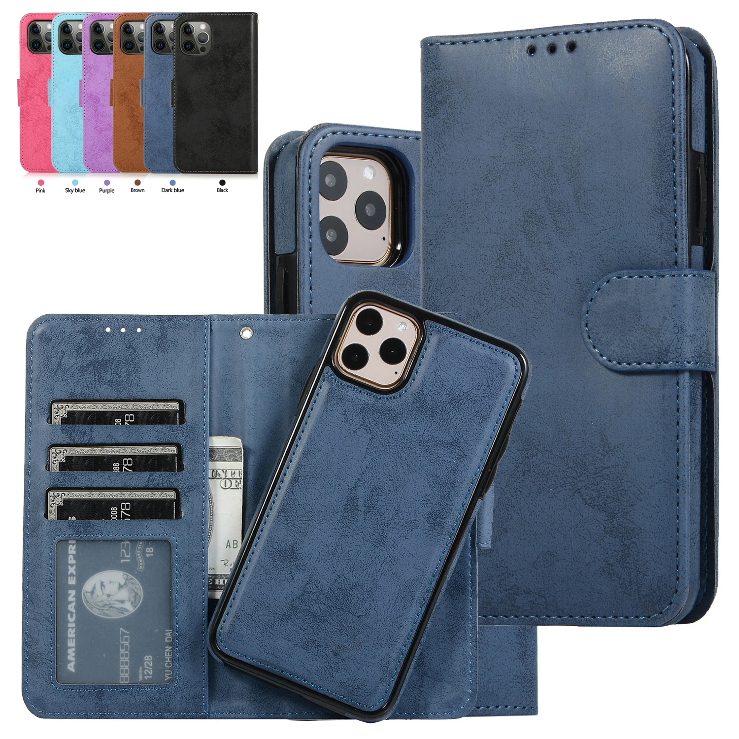 

2 in 1 Detachable Wallet Flip Case for iPhone 16 Pro Max 15 14 13 12 11 XS XR X 7 Plus Magnetic Leather Card Holder Stand Cover