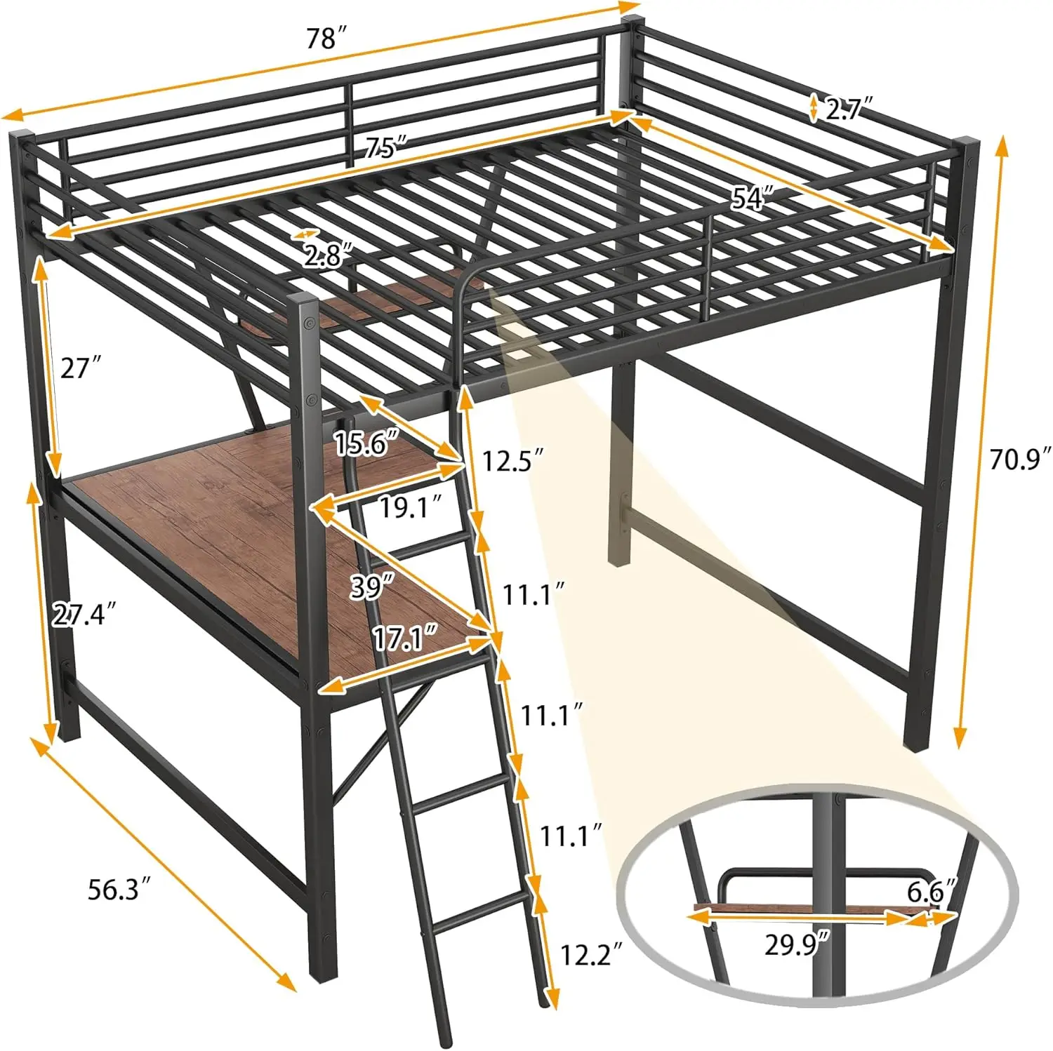 Hochbett rahmen aus Metall in voller Größe, Hochbett mit l-förmigem Schreibtisch, Hochbett mit Leiter und Regal für Kinder, schwarz