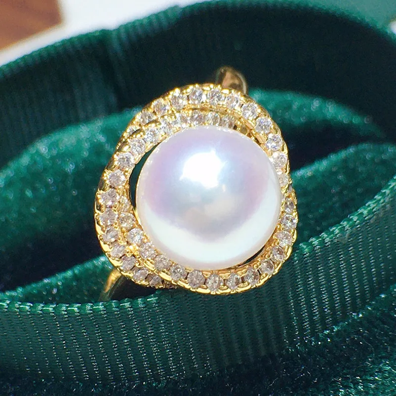 

Кольцо с пресноводным жемчугом 9-10 мм, базовое идеальное круглое переднее безупречное кольцо из 18-каратного золота с полным цирконом, ювелирные изделия с микро-паве 127