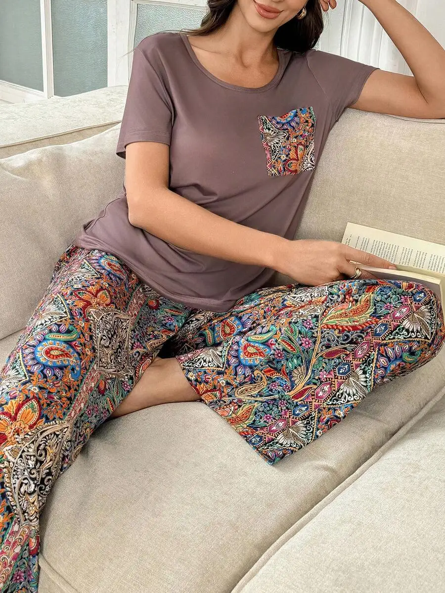 

Womens Casual Printed Knit Crew Neck Pocket Pajama Set