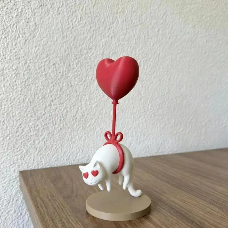 Cute Cartoon Cat Figurine With Red Heart Balloon And Sweet Bow For Bedroom Desktop Decoration Valentine's Day Gift