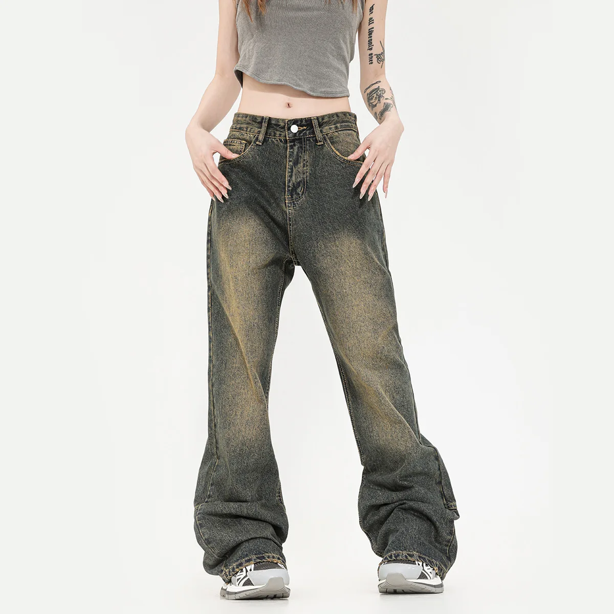 2024 New American Washed Wasteland Style Brown Distressed Versatile High Waisted Straight Leg Wide Leg Jeans for Women