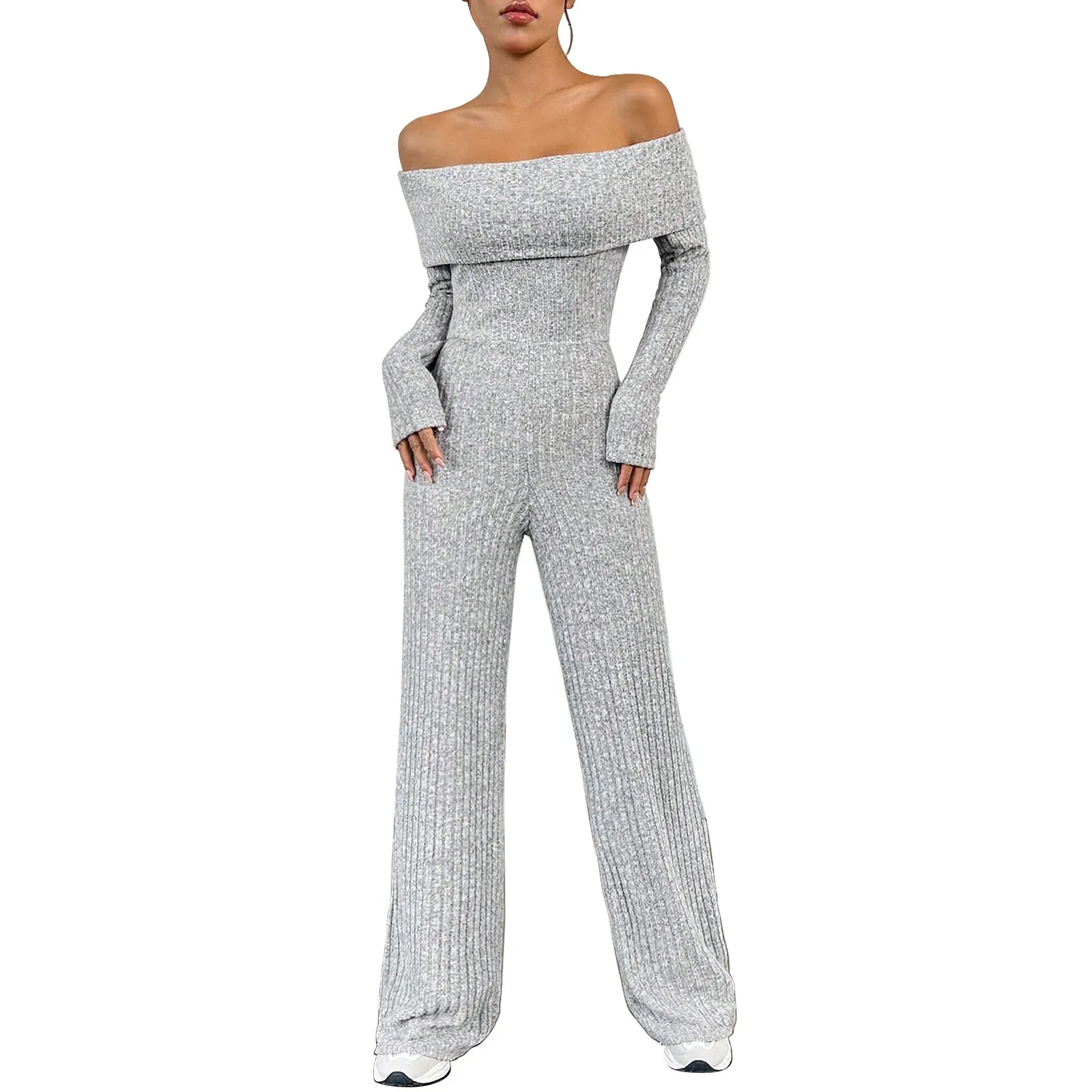 Women'S Ribbed-Knit Jumpsuit Fashion Casual Solid Folded Off-The-Shoulder Jumpsuit Slim Fit Top Loose Wide Leg Bottom Jumpsuit