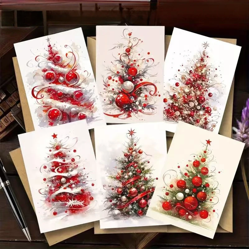 Rotes Aquarell-Weihnachtsbaum-Grußkarten- und Umschlagset, 6 Stück Karten mit Kraftpapier-Umschlag für Weihnachtsgrüße