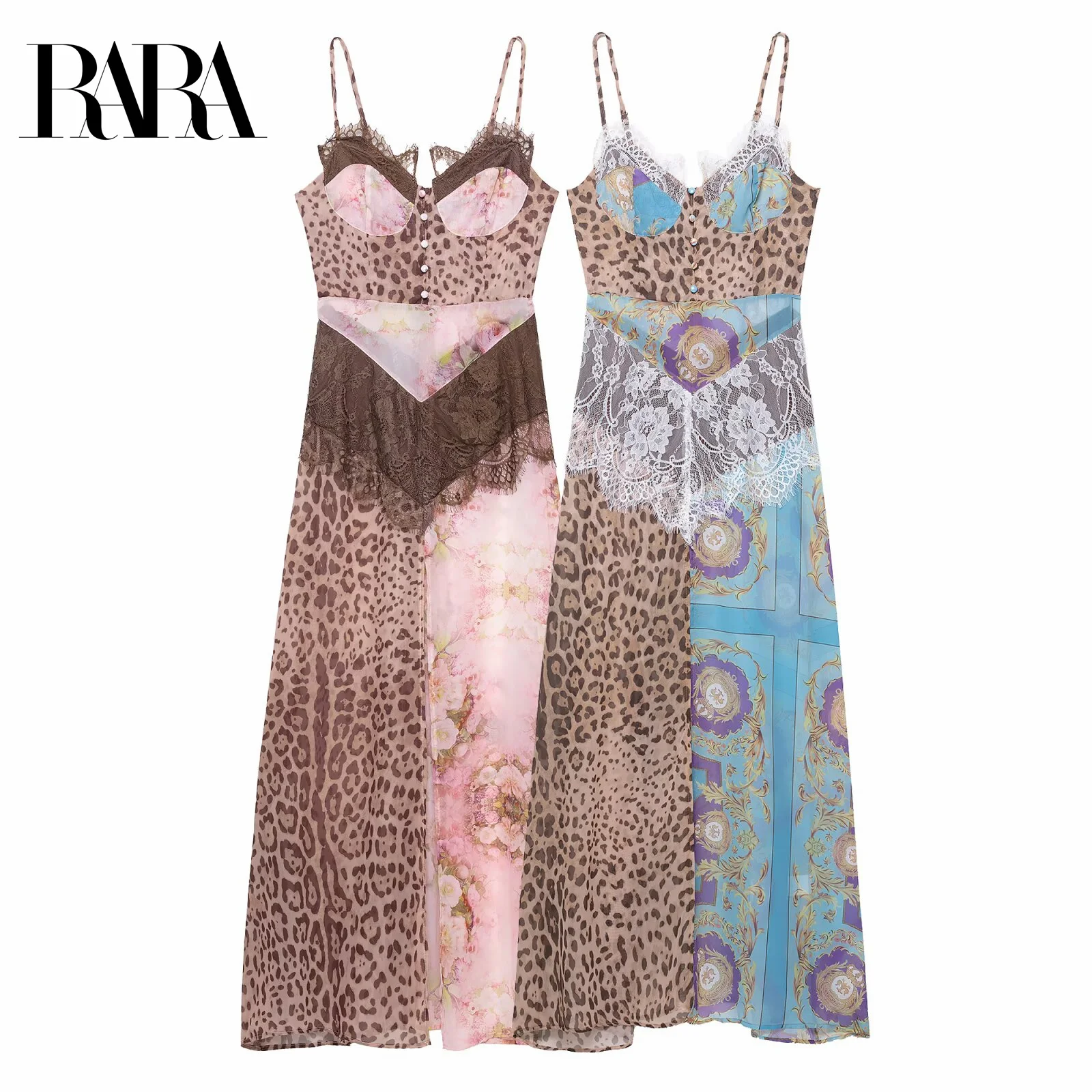 

RARA Women's Summer New Lace - Patchwork Elegant Sleeveless Halter Asymmetric Unique - Printed Floor - Length Chiffon Dress