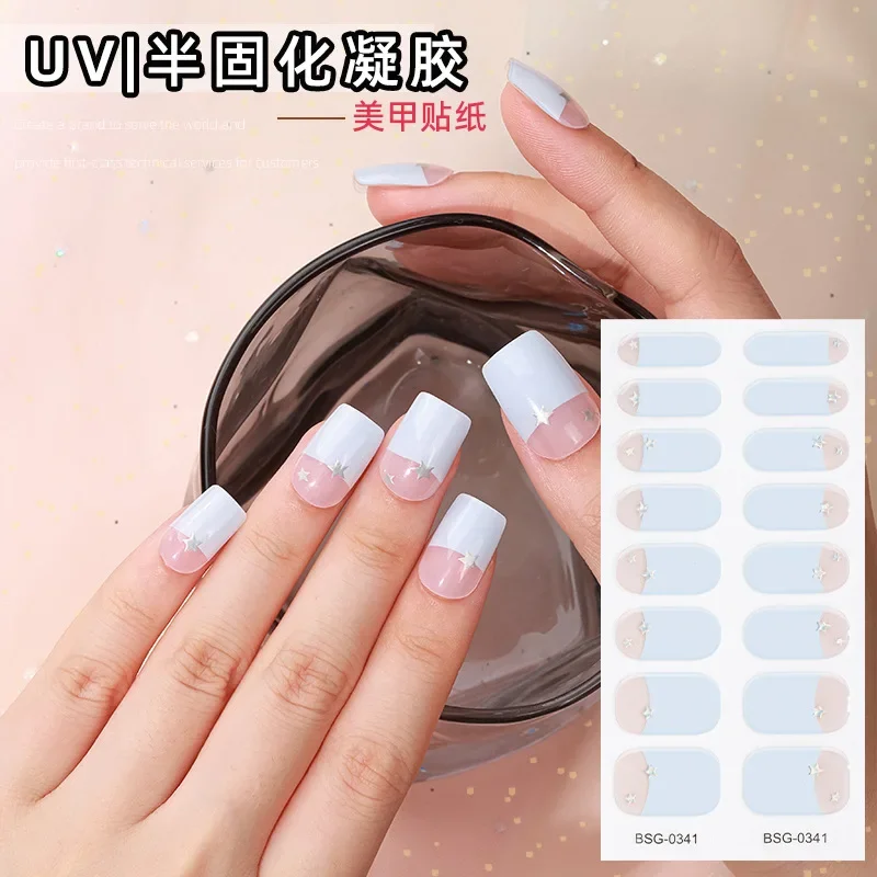 Pegatinas de uñas de Gel francés, cubierta completa semicurada, lámpara UV, 16 puntas