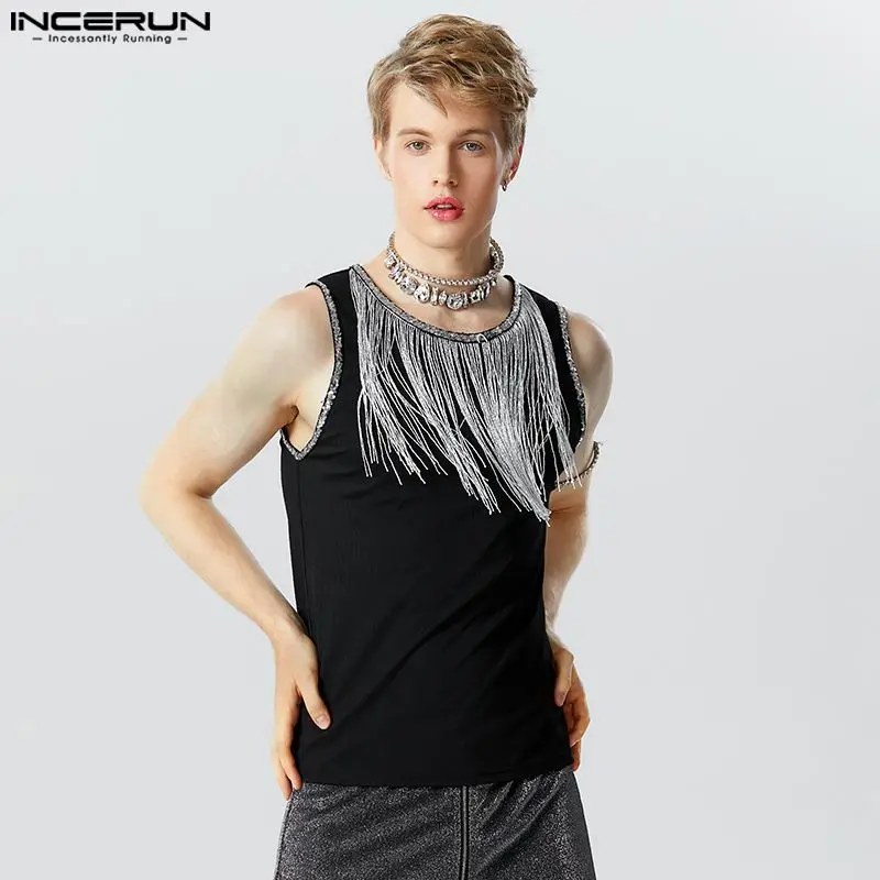 INCERUN Tops 2023 American Style New Men\'s Flash Fabric Tassel Design Tank Tops Casual Well Fitting Male Hot Selling Vests S-5XL