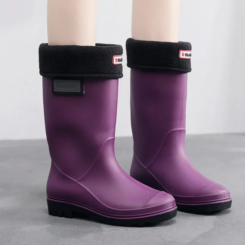 Mid-calf Rain Boots Women Fashion Rubber Shoes Autumn Slip on Ankle Rain Boots Winter Boots for Women Waterproof Work Botas Agua