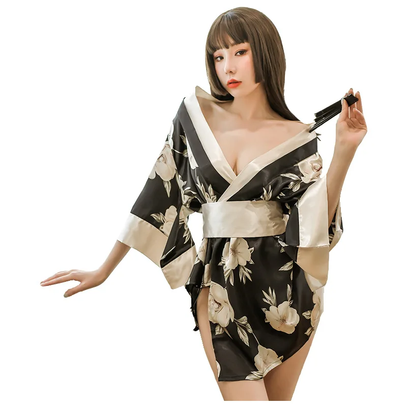 Sexy Lingerie Plus Size Printed Japanese Kimono Sexy Lace-up Bathrobe Seduction Pajamas Uniform Set Cosplay Lingerie Kawaii Robe