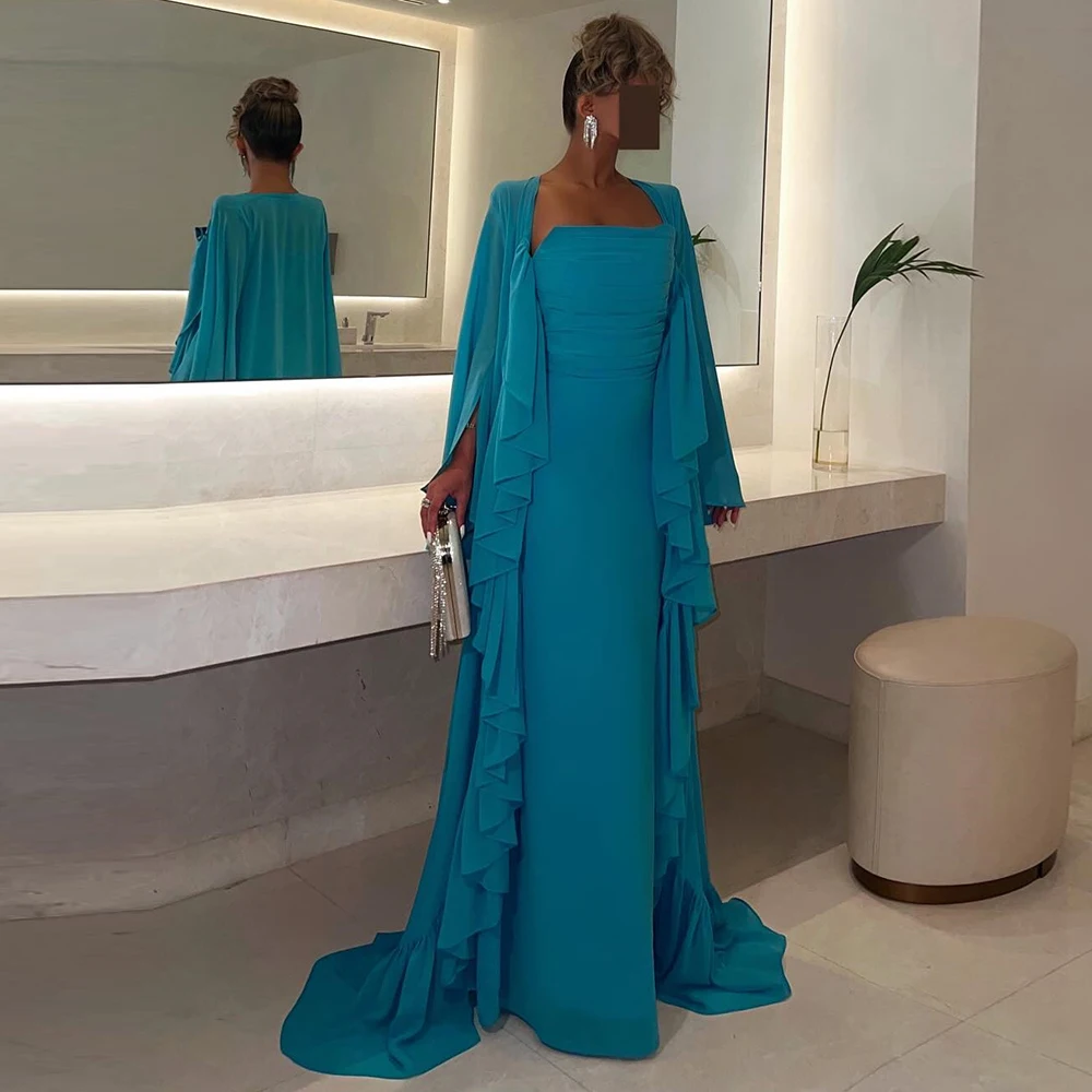 

Classic Straight Blue Floor Length Square Neck Jersey Long Sleeves Evening Dress Modern Watteau Train Pleats Saudi Arabia