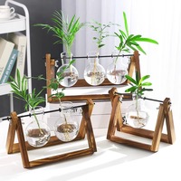 Creative Wooden Frame+Hydroponic Glass Vase Container,Office Desk Hydroponic Plant Flower Glass Vase Modern Home Room Decoration