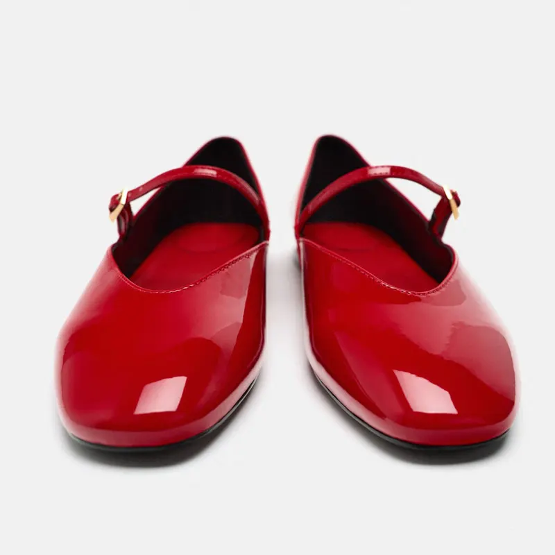 2024 Summer New Mary Jane Shoes Woman Patent Leather Square Toe Ballet Flats Shoes Red Buckle Single Shoes For Women