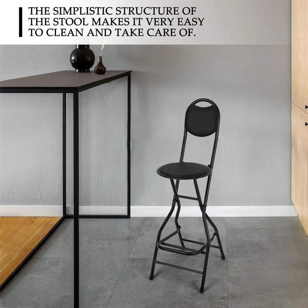 Sgabello da bar pieghevole imbottito in pelle, altezza 26 posti, sedia pieghevole portatile per uso interno/esterno, nero