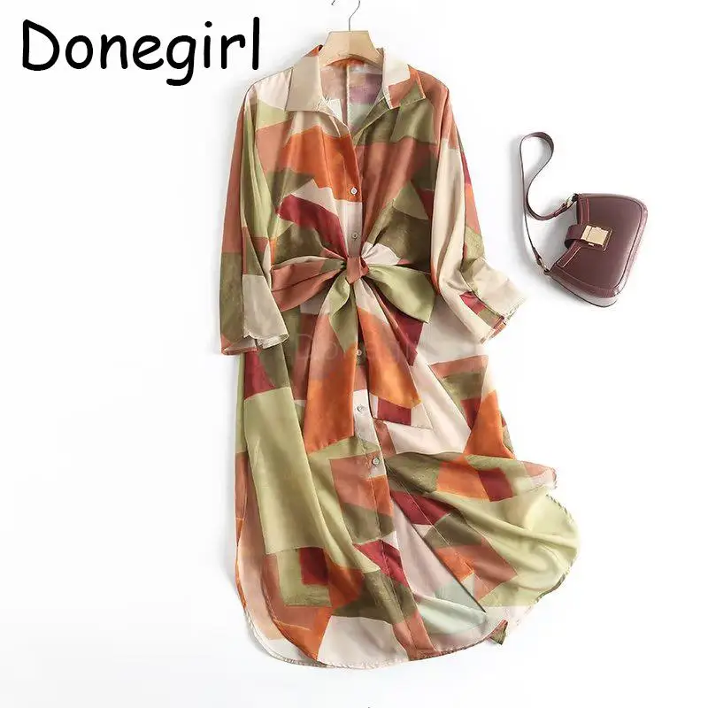 

Donegirl 2023 Women New Fashion Spring Summer Long Sleeve Vintage Printed Belt Slit Shirt Dresses Linen Loose Female Chic