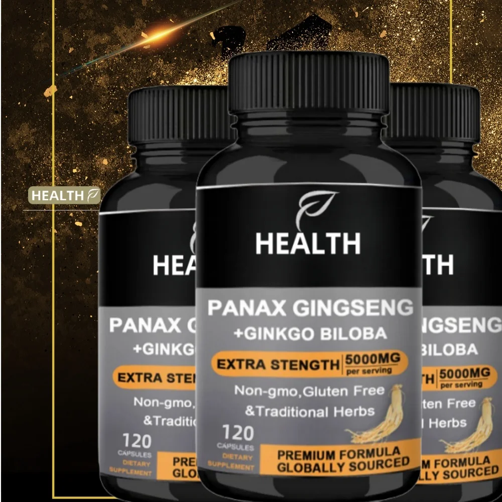 Panax Ginseng + Ginkgo Biloba rojo coreano auténtico, 120 cápsulas veganas, extracto de raíz de Ginseng en polvo, 1000mg (10% ginsenósidos)