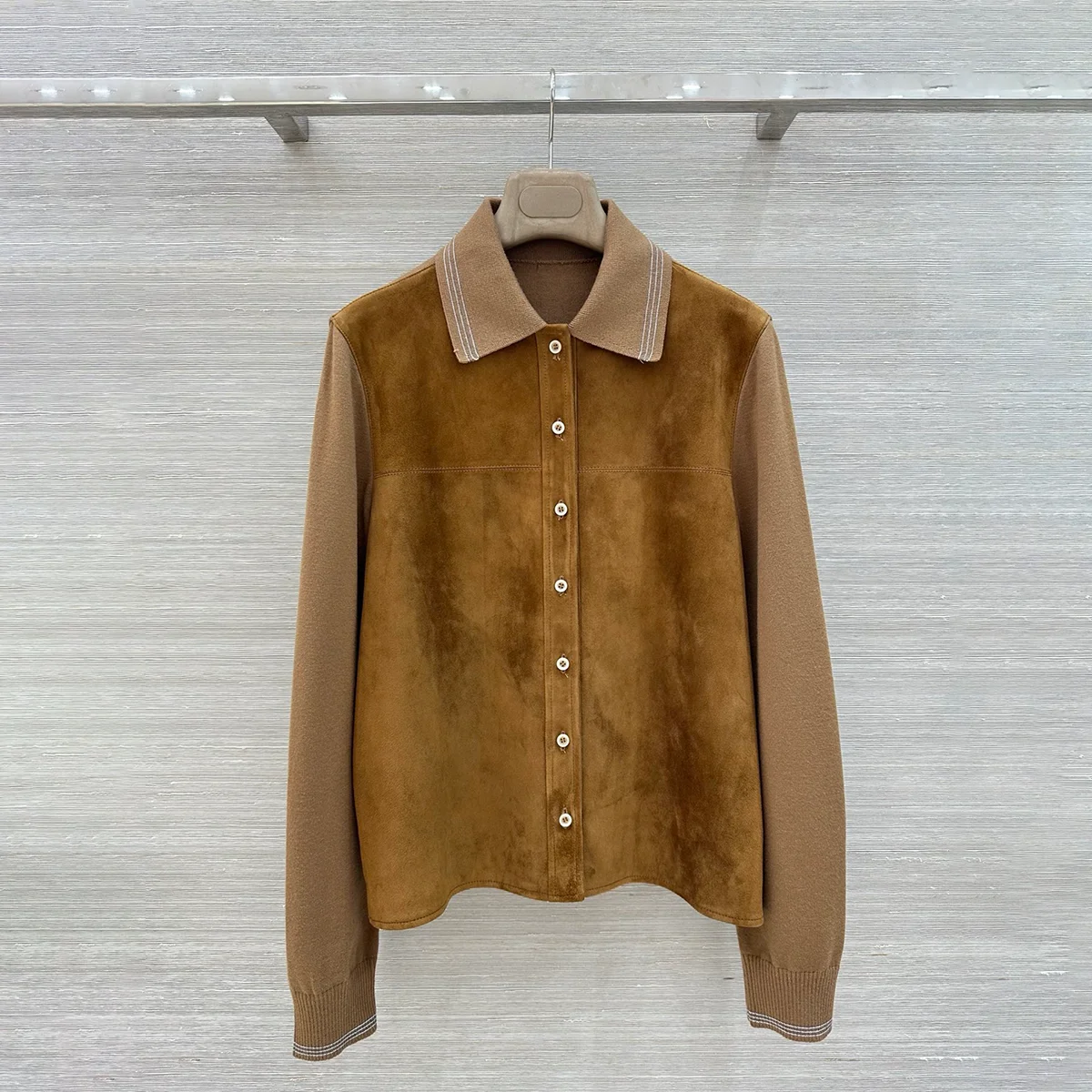 2026 High Quality Women Lapel Suede Spliced Knit Short Jacket26102018