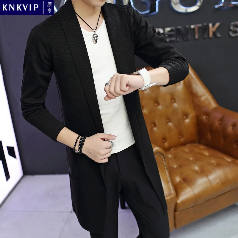 

Мужской вязаный кардиган средней длины, приталенный, ветрозащитный, тонкий свитер-жакет, весна-осень, на пуговицах, из полиэстеровой смеси