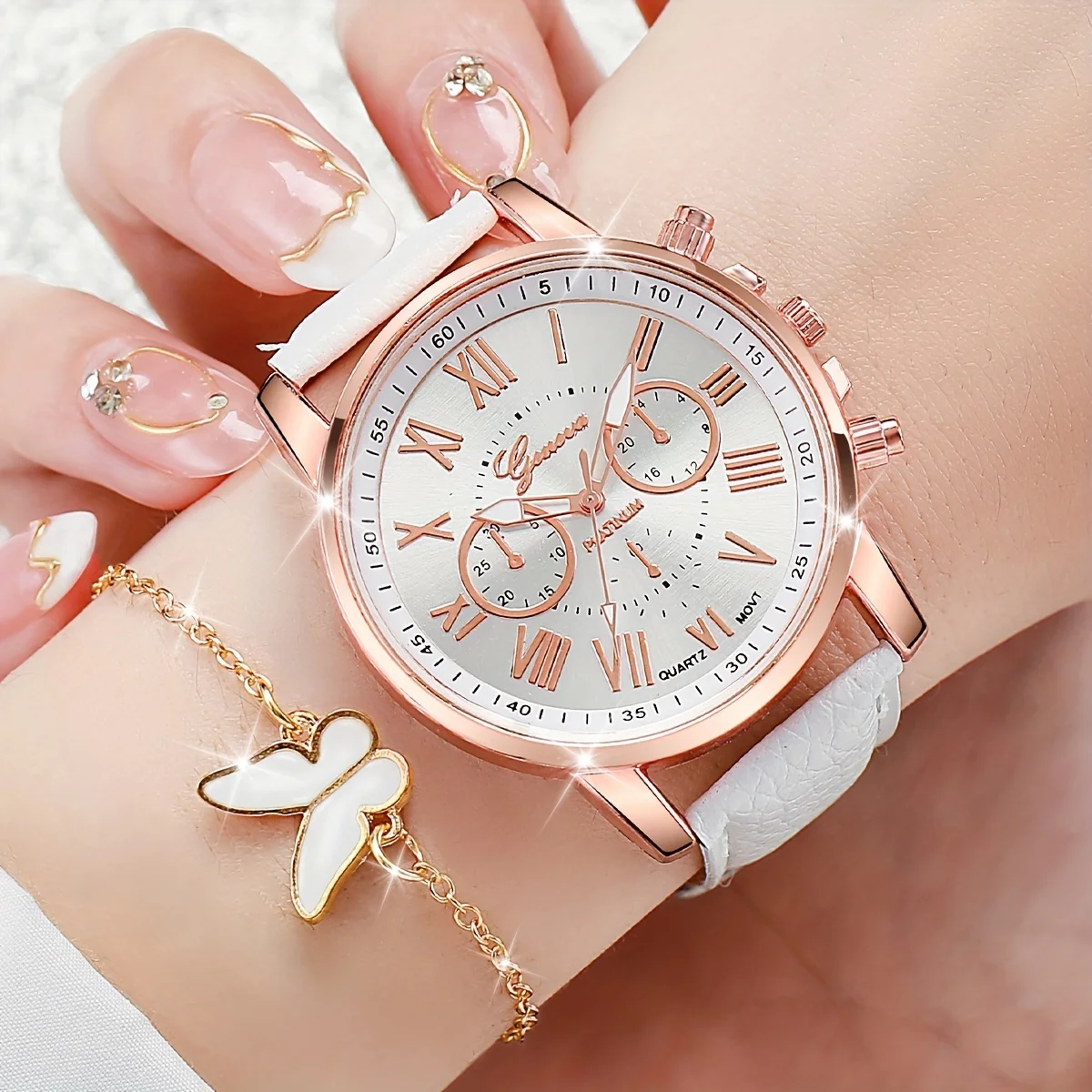 6 Pcs White Quartz Watches PU Leather Strap Alloy Pointer And Butterfly Bracelet Necklace Ring Jewelry For Women