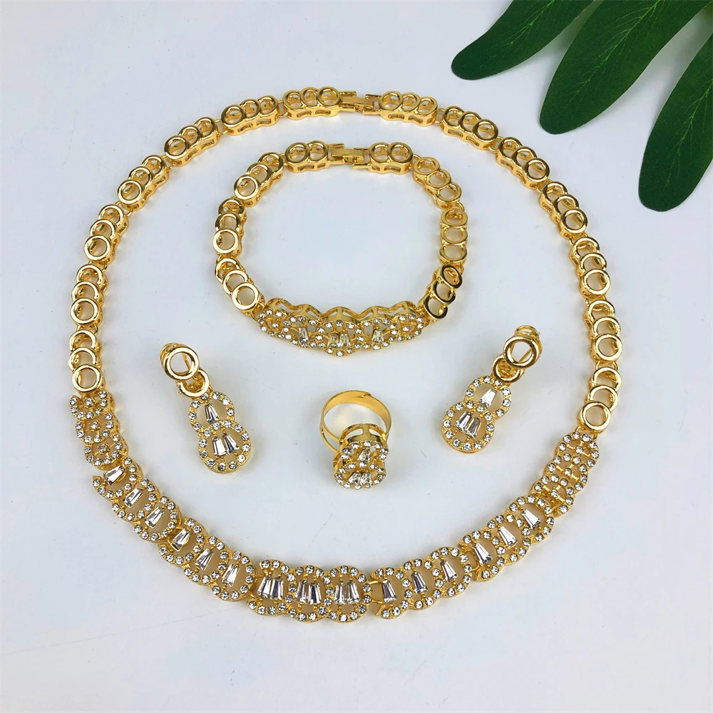 

Комплект ювелирных изделий из Дубая и Нигерии для женщин, классический дизайн, округлое ожерелье, серьги, кольцо, браслет, позолоченный 18 К, комплект из 4 предметов, ювелирные изделия