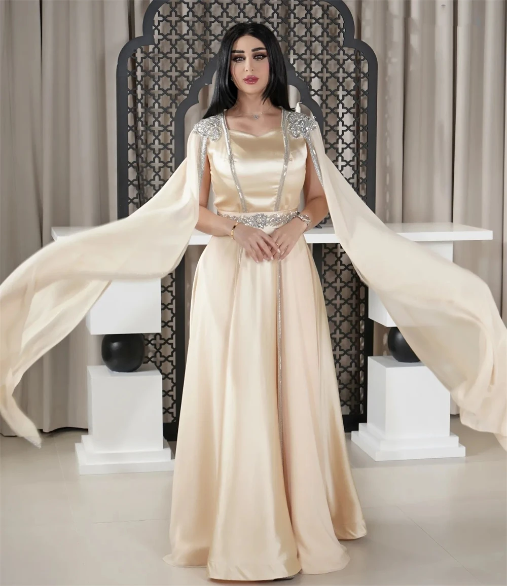 Ballkleid Saudi-Arabien einfache moderne Stil formale Abend quadratischen Kragen A-Linie Perlen Satin maßge schneiderte Anlass Kleider