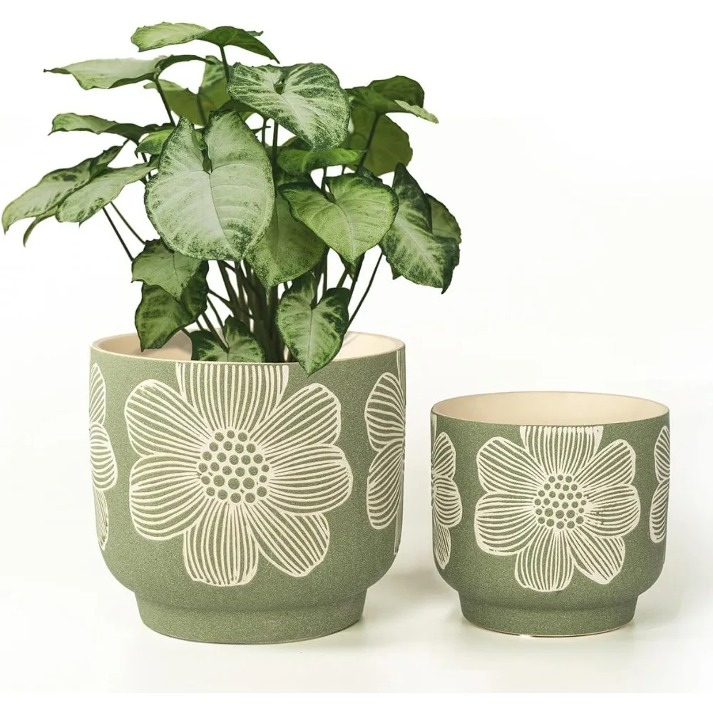 

8 Inch + 6 Inch White Flower Pattern Plant Pots, Sand Glazed Ceramic Planter with Drainage Hole, Flower Pots for Indoor Plants