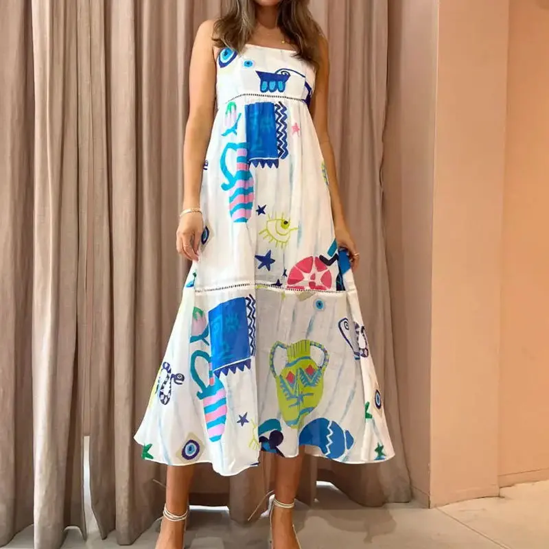 

2024 Elegant Straps Slip Print Maxi Dress Women Fashion Sweet Holiday Long Dresses Female Chic Vestidos Beach Sleeveless