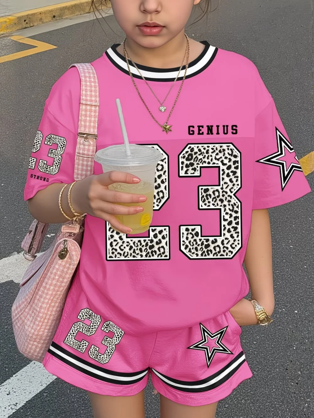 Children's Short-Sleeved Set 2026 Summer New Style Street Digital Print Pattern Sport Style Y2k Top Casual Round Neck Casual Set