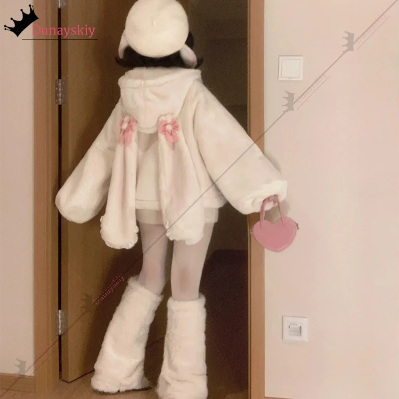 Child Kawaii Rabbit Ears Furry Cosplay Clothes Winter Hoodies Warm Zip-up Casual Suit Lolita Hoodie Long Sleeve