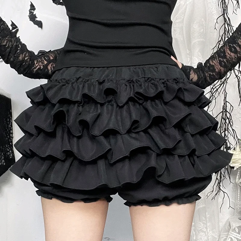 REDDACHiC Ruffle Layered Puffy Pumpkin Shorts Cross Decor Frilly Panties Elastic Waist Black Bloomers Lolita Goth Women Clothes