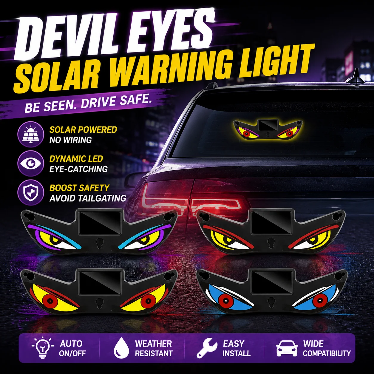 

Solar LED Devil Eye Dynamic Neon Light Car Warning Light For Car Window Anticollision Safety Decoration Light Solar Charging