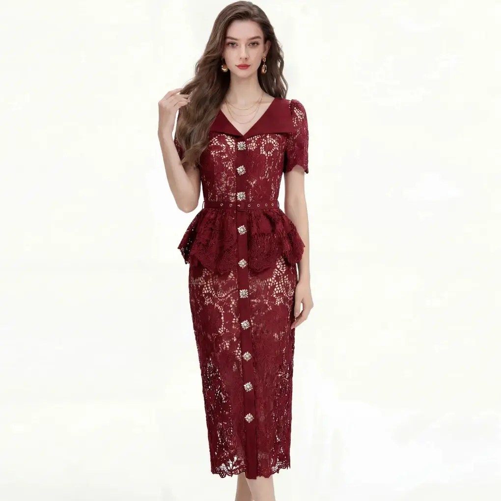 

Summer Beaded Diamonds Embroidery Hollow Out Lace Prom Dress Women Short Sleeve Single Breasted Ruffle Evening Party Midi Robe