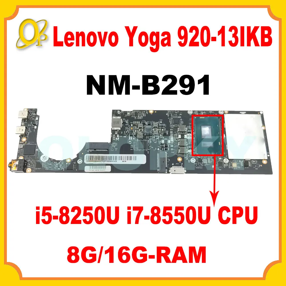 NM-B291 motherboard for Lenovo Yoga 920-13IKB laptop motherboard 5B20Q09627 5B20V05286 with i5-8250U i7-8550U CPU 8G/16G-RAM