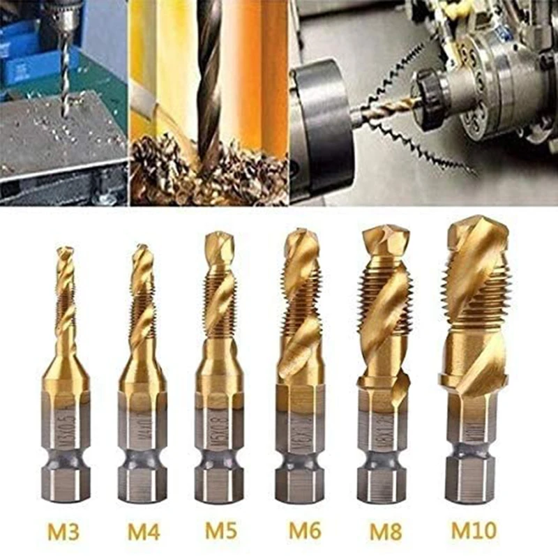 6PCS M3 M4 M5 M6 M8 M10 Thread Metric Tap Drill Bits Set HSS Hex Shank Screw Machine Titanium Plated Compound Tap Hand Tool Set