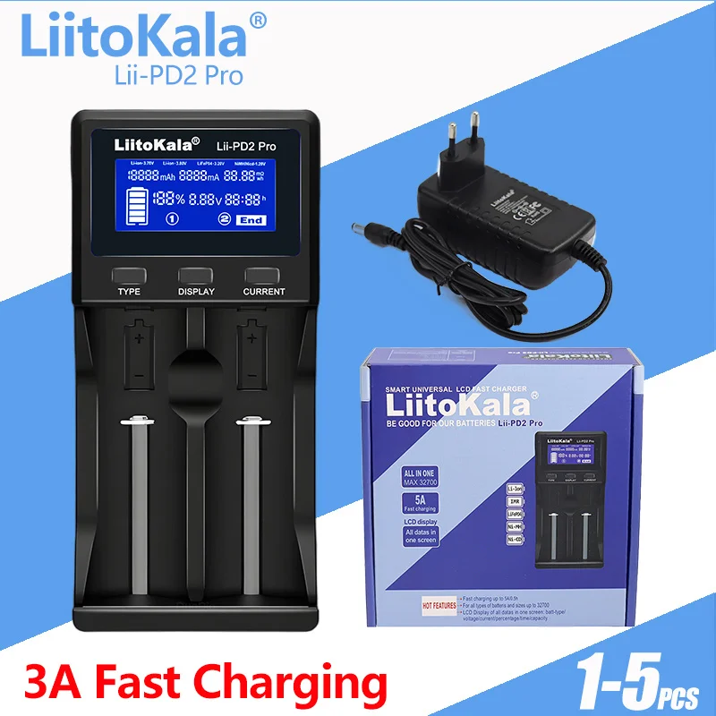 

1-5P LiitoKala Lii-PD2 Pro 18650 Battery Charger for 3.7V Li-ion 18650/18500/16340/26650/21700 /20700/18350/CR123A 1.2V battery