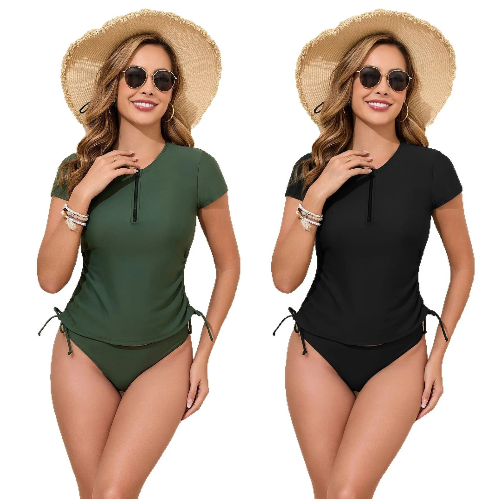 

‌New Women Two-Piece Swimsuit Set Short Sleeve Zipper Top Drawstring Bikini Bottoms Sexy Swimwear Summer Beachwear Bathing Suit