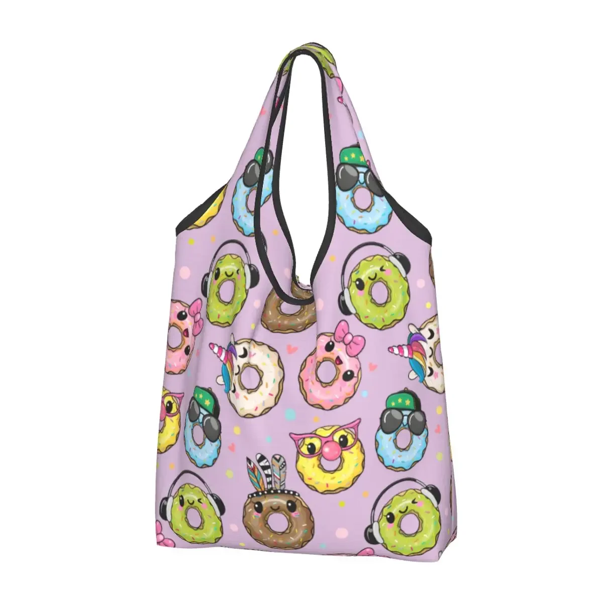 Cute Cartoon Animal Donuts Grocery Bag Foldable Washable Lovely Donut Shopping Bags Extra Large Totes Storage Bag Lightweight