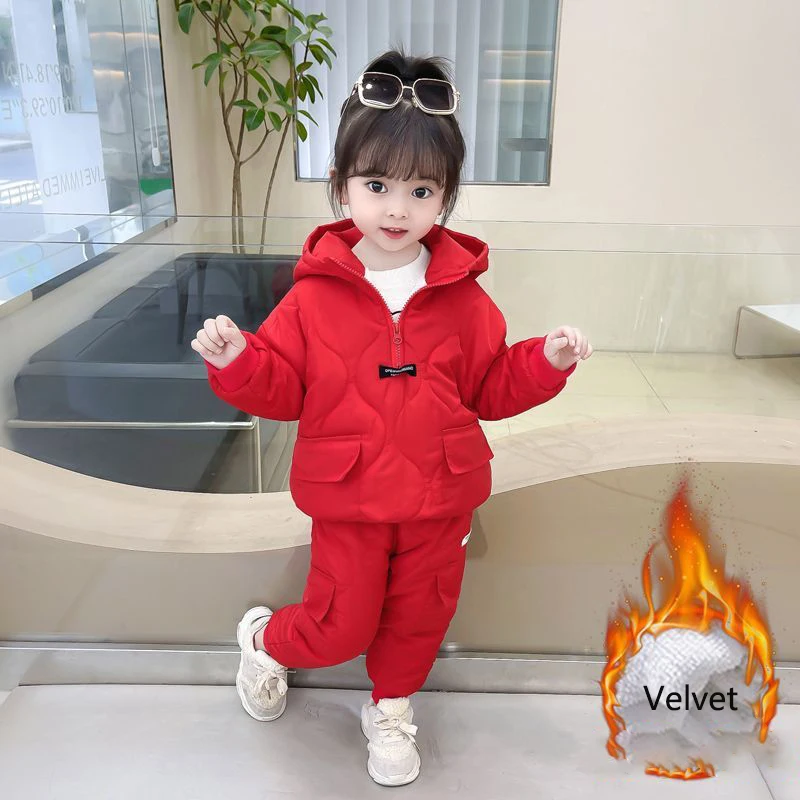 2023 Winter Kids Velvet Clothing Sets 2-10 Years Children Warm Thick Hooded Jackets Loose Pants Suit Girls Boys Outfit