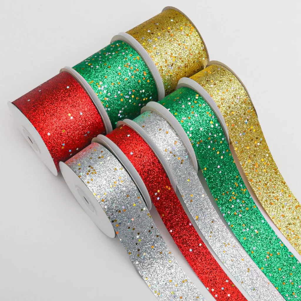 10yards 2.5/4/6.3cm Sparkly Star Glitter Sequined Christmas Ribbon Diy Holiday Flower Bouquet Gifts Wrapping Bows Craft Decor