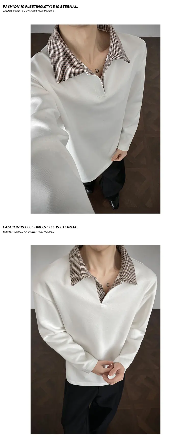 Herren-Poloshirt für den Herbst mit gespleißtem Karokragen, langen Ärmeln, aus weichem Strickstoff, entspannter Silhouette für Outdoor-Reisen. – Detail 14