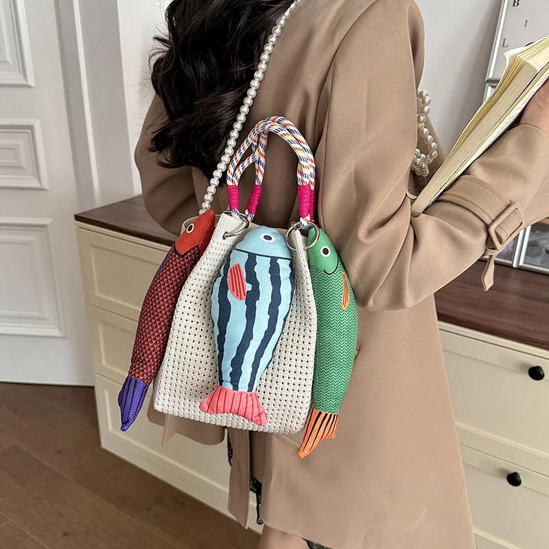 Summer Cotton Crochet Shoulder Bag Large Capacity Fish Hollow Out Woven Bag Simple Contrast Color Tassels Beach Handbag Women