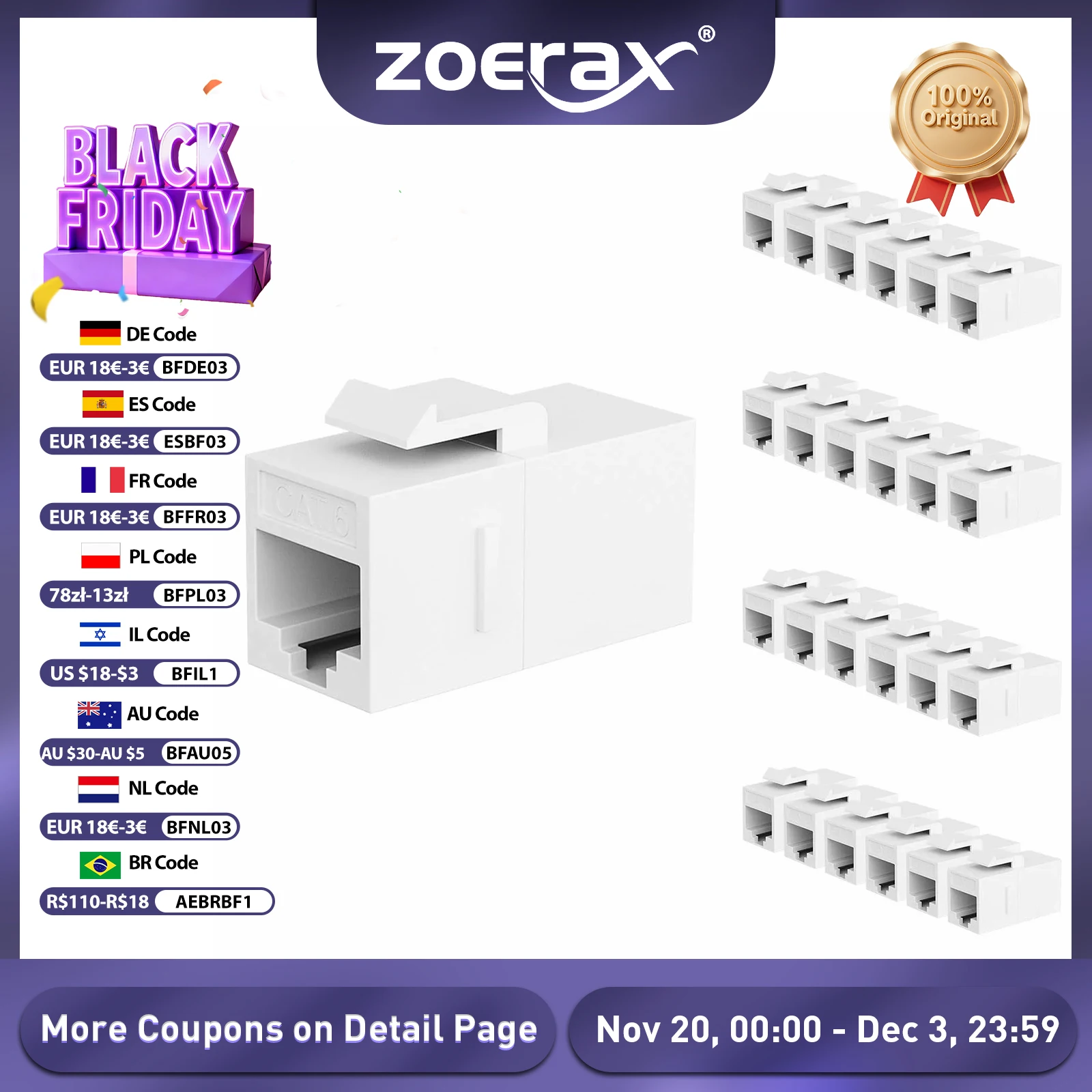 

ZoeRax RJ45 CAT6 Keystone Coupler Female to Female Insert Coupler, UTP CAT6 Keystone Inline Coupler White